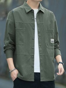 ROMON | Lormen Mens Long Sleeve Casual Shirt Spring Autumn New Style Military Green Loose Workwear Denim Jacket Iron Free Treatment