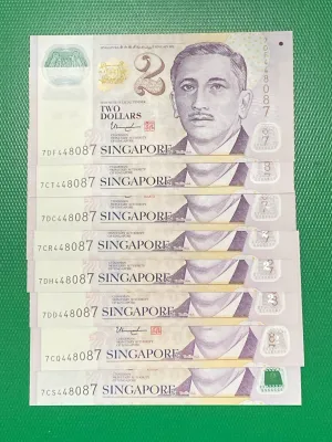 8 pcs Same numbers Singapore $2 notes signed by President Tharman