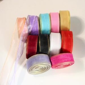 5 Yards/Roll Organza Ribbon with Golden Edge Yarn Satin Ribbons for DIY Gift Wrapping Flower Wedding Bouquet Birthday Cake Decor