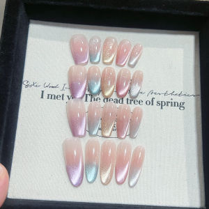 Handmade Rainbow Cat Eye Nail Art Stickers Durable Wearing False Nails Pink Color Scheme Versatile for Any Skin Type