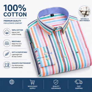 100% Cotton Oxford Casual Shirts For Men Long Sleeved Plaid Striped Soft Regular Fit Formal Single Pocket Social Fashion Blouses