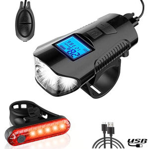 Bike Light SetBicycle Headlight with Horn and Speedometer OdometerUSB Rechargeable Bike Front Light and Tail Light