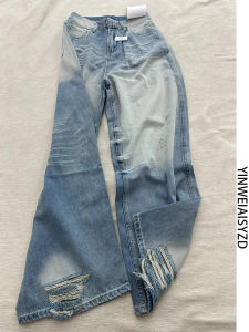 กางเกงยีนส์ทรงหลวมเอวต่ำสไตล์อเมริกันสำหรับผู้หญิง กางเกงขายาวทรงหลวมสีน้ำเงินอ่อน ทรงหลวม ทรงยาวถึงพื้น ทรงหลวม ทรงหลวม