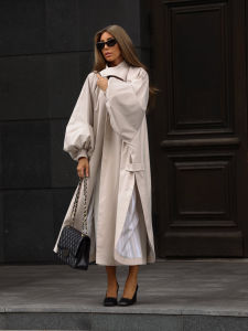 Oversized Solid Womes Long Trench Coat Puff Sleeve Side Slit Maxi Windbreaker Lapel Single Breasted Lady Autumn Tench Coats