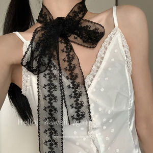 ผ้าพันคอไหมลายลูกไม้สีดำสไตล์เกาหลีสำหรับผู้หญิง ผ้าพันคอสำหรับผูกผม ผ้าพันคอตกแต่ง ผ้าพันคอสำหรับผูกเอว ฤดูใบไม้ผลิและฤดูร้อน
