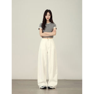 JUEQIDEXIAOGEZI | Quần Jeans Mỏng Dạng Rộng Chân Đùi Cotton Trắng