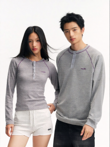 JNXS | Waffle Texture Hassy Line Embroidered Henry Collar Ribbed Long Sleeve T-shirt