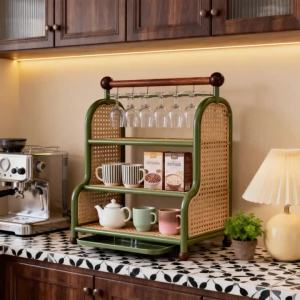 2 Tier Vintage Rattan Cup Storage Rack Countertop Coffee Mug Organizer with Glass Holder for Kitchen Bar Kitchen Organizer