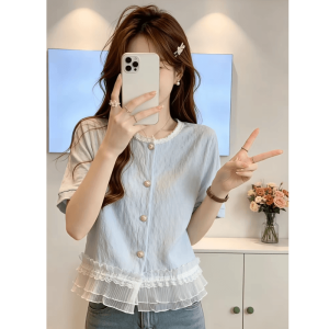 Shalldoer | French Retro Lace Patchwork Blue Short Sleeve Slimming Women Shirt