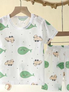 Childrens Summer Sleepwear Set Thin Short Sleeve Boys Clothing Home Clothes Cotton Moisture-Wicking UV Protection Home Living