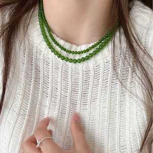 New Chinese Style White Enhancing Green Jade Beaded Necklace High End Feeling S925 Pure Silver round Bead Clavicle Chain Jewelry