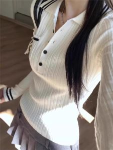 Áo Len Dệt Kim Cổ Polo Kẻ Sọc Phong Cách Hồng Kông Thời Trang Thu Đông Cho Nữ Dáng Ôm Vừa Vặn Cao Cấp Đa Năng Chất Lượng Cao