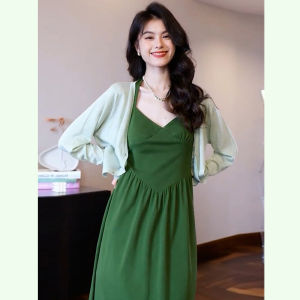 French Style Summer Open Cardigan Short Jacket Green Dress Neck Hanging Long Skirt Two-Piece Set Slimming High Waist Design