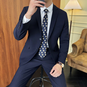 สูท (เสื้อ + กางเกง) แฟชั่นผู้ชายสีทึบธุรกิจงานแต่งงานทํางาน Casual Slim Professional ชุดเจ้าบ่าวที่ดีที่สุดชุดสุภาพบุรุษสุภาพบุรุษ