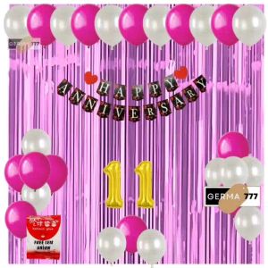 Set Dekorasi Pesta Balon Putih Ulang Tahun Pernikahan Banner Happy Anniversary Hitam Tirai Pink Muda