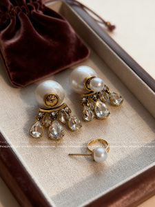 French Hepburn Style Pure Silver Pearl Tassel Earrings Sparkling Diamond Elegant Fashion Jewelry Womens Accessory