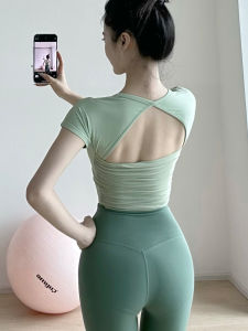 Gogoyoga Womens Yoga Clothes with Chest Pad Summer Pilates Training Short Sleeve Sports Running Fitness Outfit Tight Fit Nylon