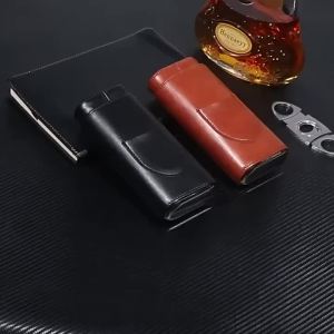 LMETJMA 3-Finger Leather Cigar Case with Cigar Cutter Portable Travel Cigar Holder Case Cedar Wood Lined Cigar Carrying Case