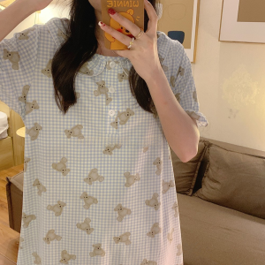 Summer Thin Pure Cotton Plaid Sleep Dress Womens Short Sleeve Home Clothes Pyjamas Student Can Wear Outdoors Sweet Style