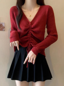 Ankela Red V-Neck Knitted Sweater Womens Autumn Fashion plus Size Bottom Shirt Irregular Drawstring Top Korean Style Loose Fit