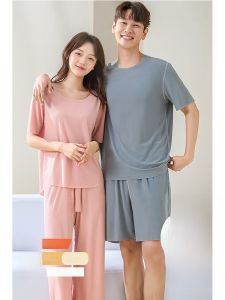 New 2025 Ice Silk Couples Sleepwear Mens Lightweight Short Sleeve Home Clothes Set Cool Feeling Home Living Polyester Fiber