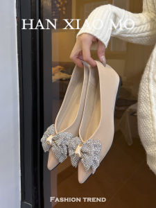 Silk Satin Surface Butterfly Knot High Rise Sharp Pointed Toe Flat Bottom Shoes for Women Commuting Versatile Nude Color Large Size