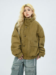 OV Original American Retro Style Jacket with Big Pockets Heavyweight Washed Stand Collar Loose Fit for Men And Women