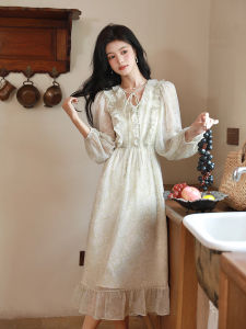 Impression Fashion Women's Elegant Retro Print V-neck Long Puff Sleeve Tunic High Waist A-line Midi Dress