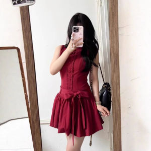 Váy Suông Cổ Sơ Mi Màu Đỏ Thỏ Tai Thắt Nơ Thanh Lịch Ngọt Ngào Mùa Hè Cho Nữ Váy Suông Cổ Sơ Mi Không Tay Polyester