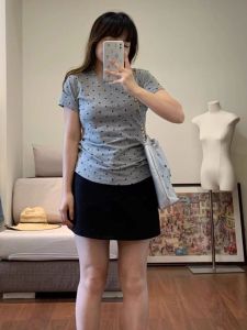 Grey Polka Dot Slim Fit Short Sleeve T-Shirt for Women Crewneck Round Neck Summer Style High Quality Casual Wear