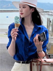 Klein Blue Womens Shirt Spring Fashion Design Sensation Niche Top Inner High-End Feeling Button up Long Sleeve Polo Neck