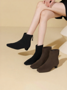 Josiny | Black Velvet Low Heel Boots Women Vintage 2025 Fall Elastic Slim