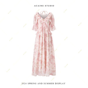 Long Ruffle V-Neck Tie-Halter Floral Dress for Women