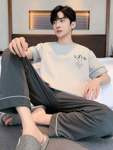 Mens Summer Sleepwear Thin Cotton Home Clothes Short Sleeve round Neck Cartoon Print Long Pants Comfortable Breathable Pajamas