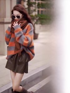 WANGGONGZHU | Elegant Striped Knit Sweater Womens Autumn Winter American Lazy Style Overhead Cashmere Womens Long Sleeve Round Neck Top
