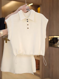เสื้อคอปกโปโลแฟชั่นพร้อมกางเกงขาสั้นชุดสองชิ้นสําหรับผู้หญิงฤดูร้อนชุดทํางานลําลองโพลีเอสเตอร์เสื้อสวมหัวคอกลมแขนสั้น