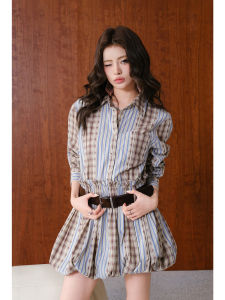 Floral Lantern Puff Vintage Style Stripe Plaid Waist-cinching Belted Dress