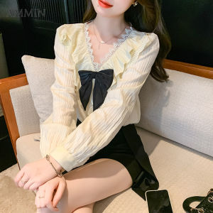 เสื้อชีฟองแขนพองคอวี MODE Korea Atasan Sifon ผูกโบว์หวานใหม่ - AMMIN