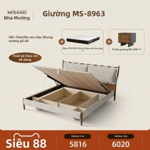 Giường Đôi Tiết Kiệm Không Gian Với Hộc Lưu Trữ Cao Chất Liệu Gỗ và Vải
