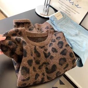 American Style Leopard Print round Neck Long Sleeve Knitted Sweater Womens Autumn Winter Loose Top Fashion Commute