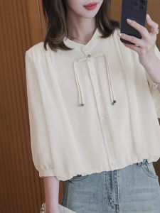 Elegant Chinese Style Womens Long Sleeve Chiffon Shirt Loose Fit round Neck Spring Fashionable Versatile Sun Protection Top