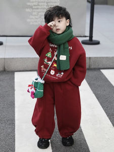 Thickened Fleece Winter Outfit for Boys Cool Street Style Christmas Red Sweatshirt Pants Set Childrens New Year Visiting Clothes
