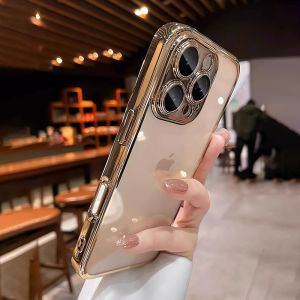 Luxury Plating Transparent Wireless Charge Phone Case For iPhone 11/12/13/14/15/16 Pro Max Plus Lens Film Shockproof Clear Cover