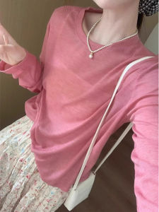 YUEZHONGWEI | Pink Round Neck Ice Silk Long Sleeve T-Shirt Womens Summer Thin Outer Covering Shirt Air Conditioner Shirt Mask Top