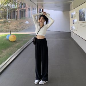 Black Wide Leg Pants Womens High Waist Floor Length Straight Cut Trousers Spring Autumn Drapey Suit Pants Girls Fashion