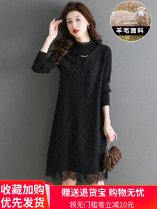 ชุดเดรสขนแกะถักคอกึ่งสูงฤดูใบไม้ร่วงและฤดูหนาวสำหรับผู้หญิงเดรสไหมพรมผ้าแคชเมียร์ลูกไม้เย็บติดกันใส่ด้านในแมทช์กับเสื้อโค้ทแบบใหม่