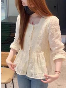 Elegant Loose Long Sleeve Lace Embroidery Shirt Womens Spring Autumn New Style Korean Fashion Square Collar Doll Shirt