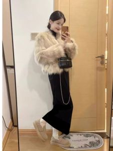 Hebe Style Long Knitted Sweater Dress with Fur Collar Winter Ankle-length Womens Base Layer Dress Straight Tube Skirt
