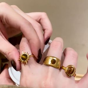 Ganten🍎Cincin Batu Mata Harimau Bunga Matahari Emas Untuk Wanita Cincin Paduan Desain Khusus COD