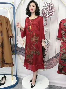 Heavy Weight Silk Ladieswear Dress Summer New Arrival Middle-Aged and Elderly Womens Clothing Plus Size Mulberry Silk 3/4 Sleeve round Neck Dress